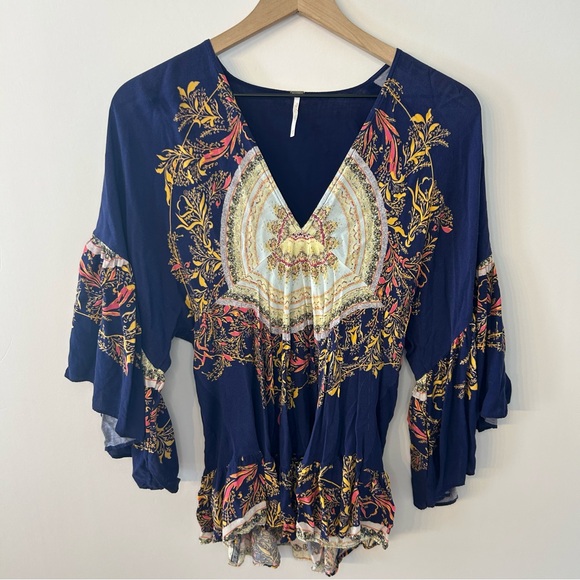 Free People Women’s Navy Blue V Neck Sunset Dreams Tunic Top, Size XS - Picture 3 of 13